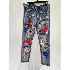 WAIMEA Men's Skinny Fit Distressed Patchwork Jeans Blue Size‎ 30x32